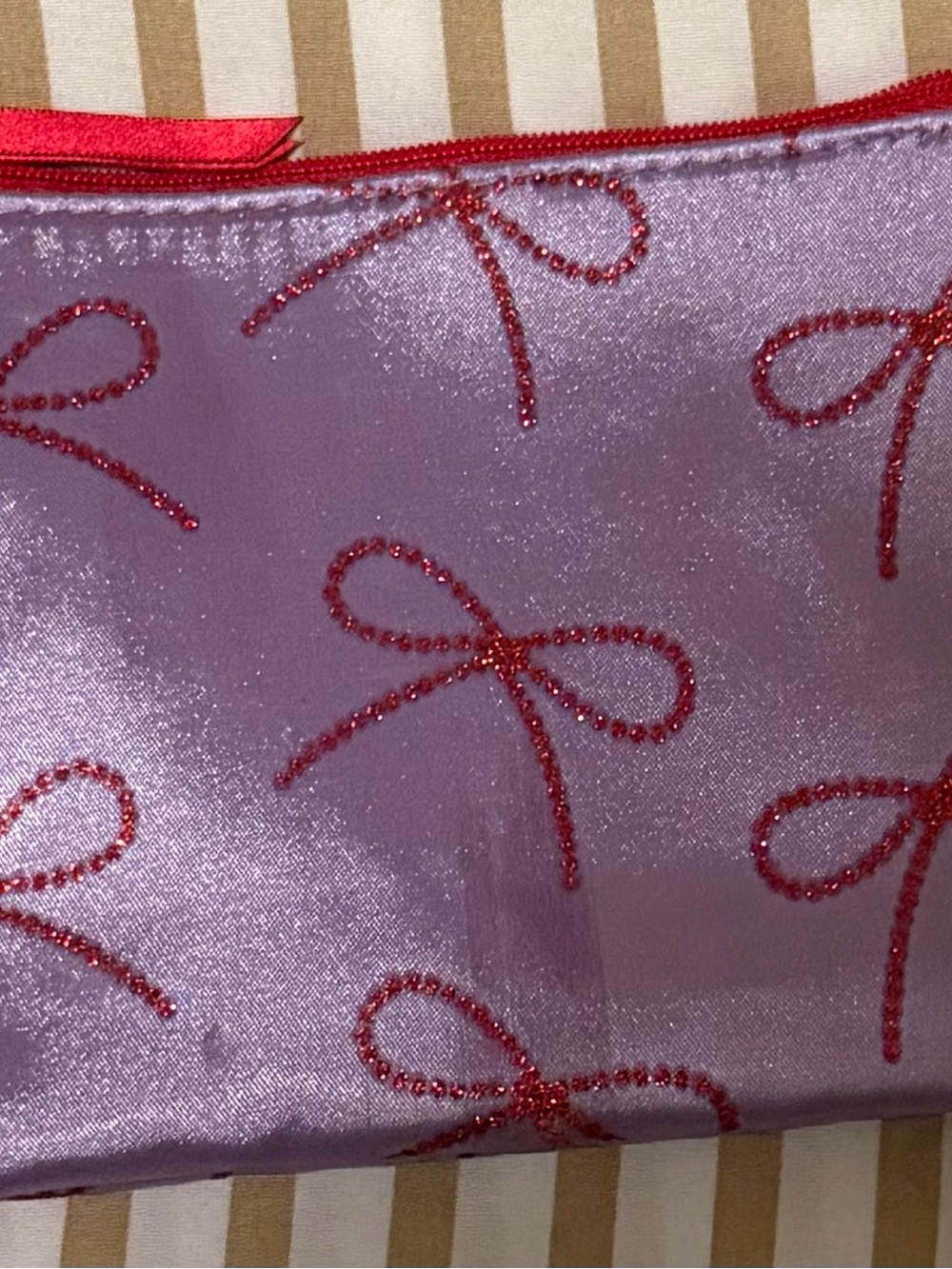 ipsy Pink Satin Cosmetic Bag with Red Beaded Bow Accents